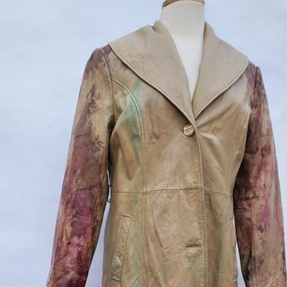 Vintage leather long trench jacket Coat gray beige tan brown 6 8 10 medium camo - Picture 2 of 13